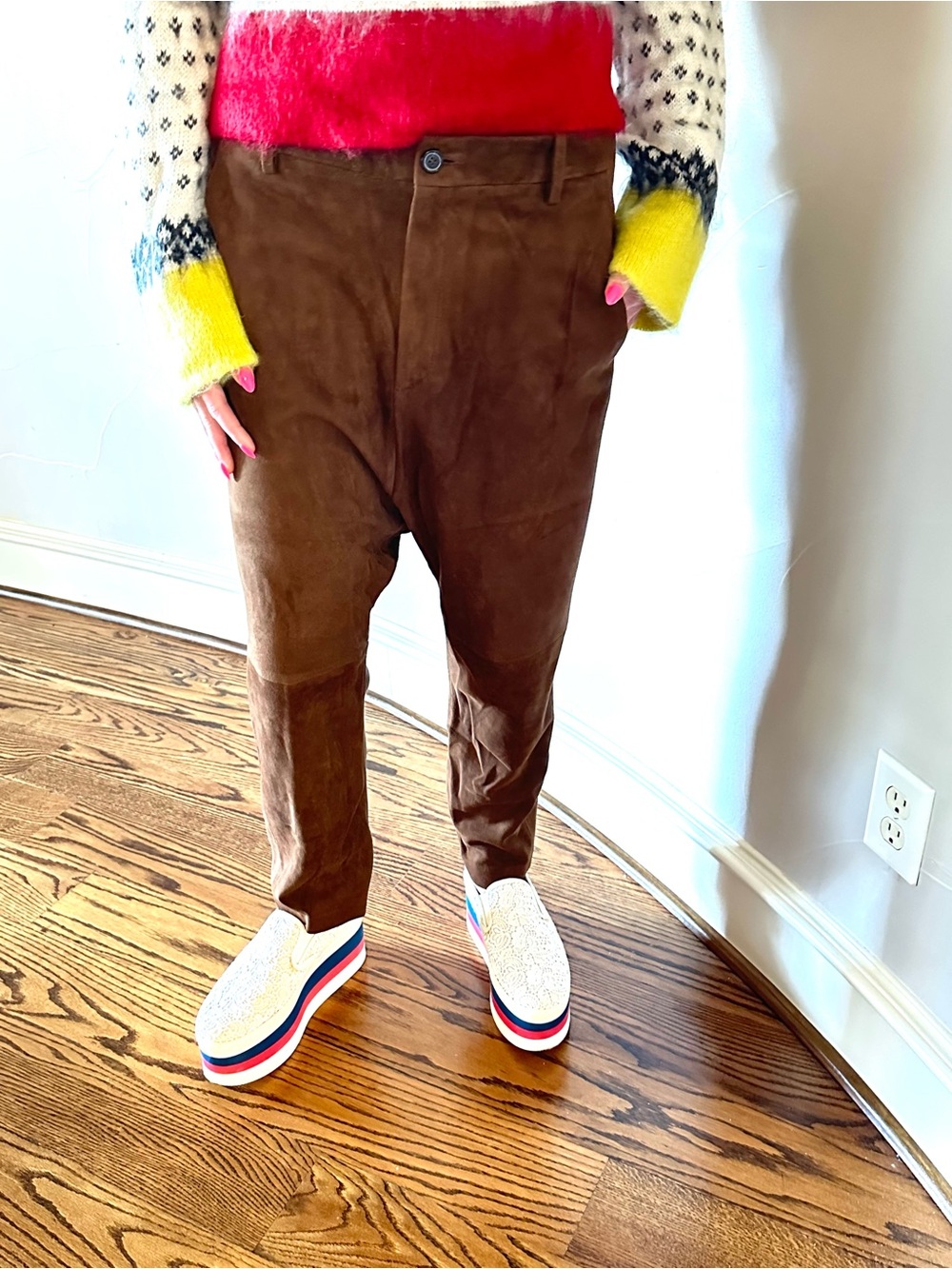 NILI LOTAN Paris Suede Relaxed Low Drop-Crotch Pants Cognac Brown Size 10🌸